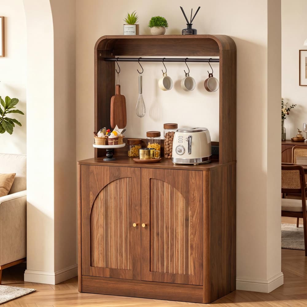 31.5" Arched Coffee Bar Storage Cabinet with Charging Station and adjustable shelf