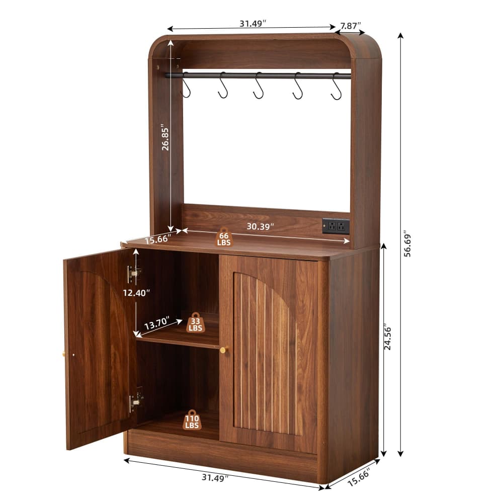 A dark brown wooden walk-in closet organizer with dimension labels showing measurements for height, width, and depth, including a hanging rod, open shelf, and cabinet doors.