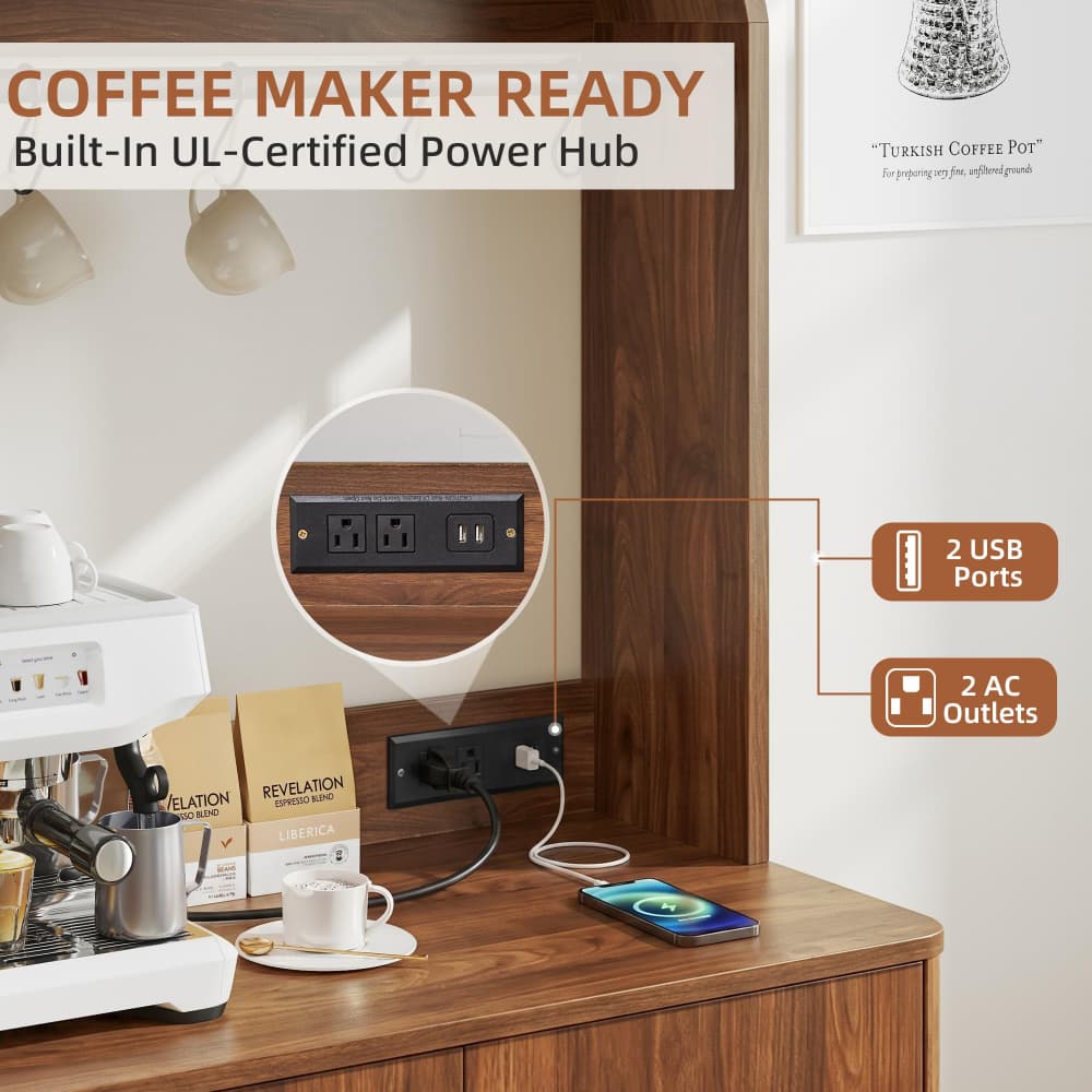 A coffee maker sits on a wooden countertop in a kitchen-like setting, with a built-in wall power strip shown in a magnified inset. Text reads 'COFFEE MAKER READY' and 'Built-In UL-Certified Power Hub,' with callouts noting '2 USB Ports' and '2 AC Outlets.