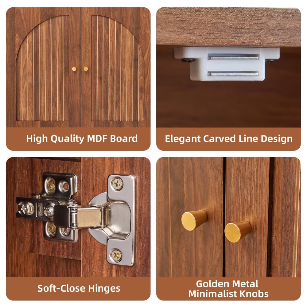 Four-panel product feature collage showing a wooden cabinet door detail: arched double doors with gold knobs, a close-up of a white drawer pull mechanism, a hardware hinge close-up labeled soft-close hinges, and the doors with gold knobs labeled golden metal minimalist knobs.