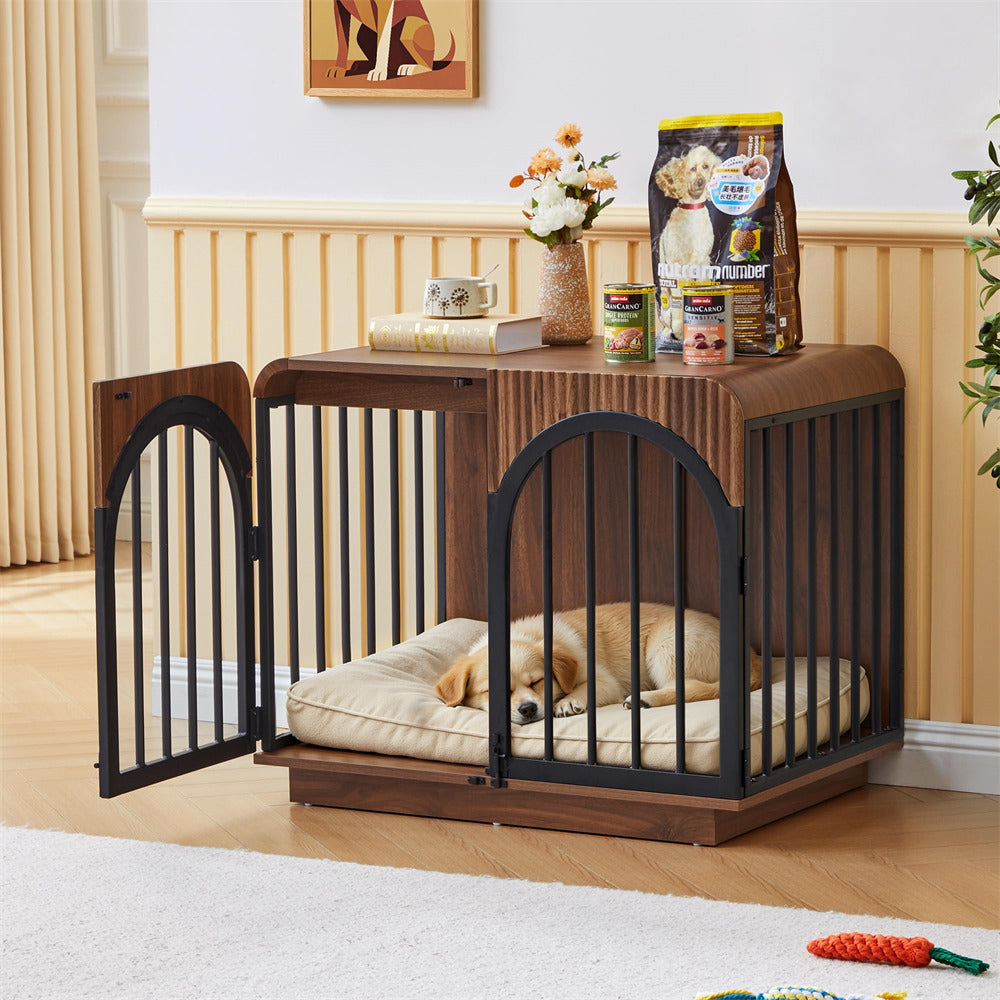 31.5" Mid-Century Modern Indoor Fluted Wooden Dog Crate Furniture for Small/Medium Dogs
