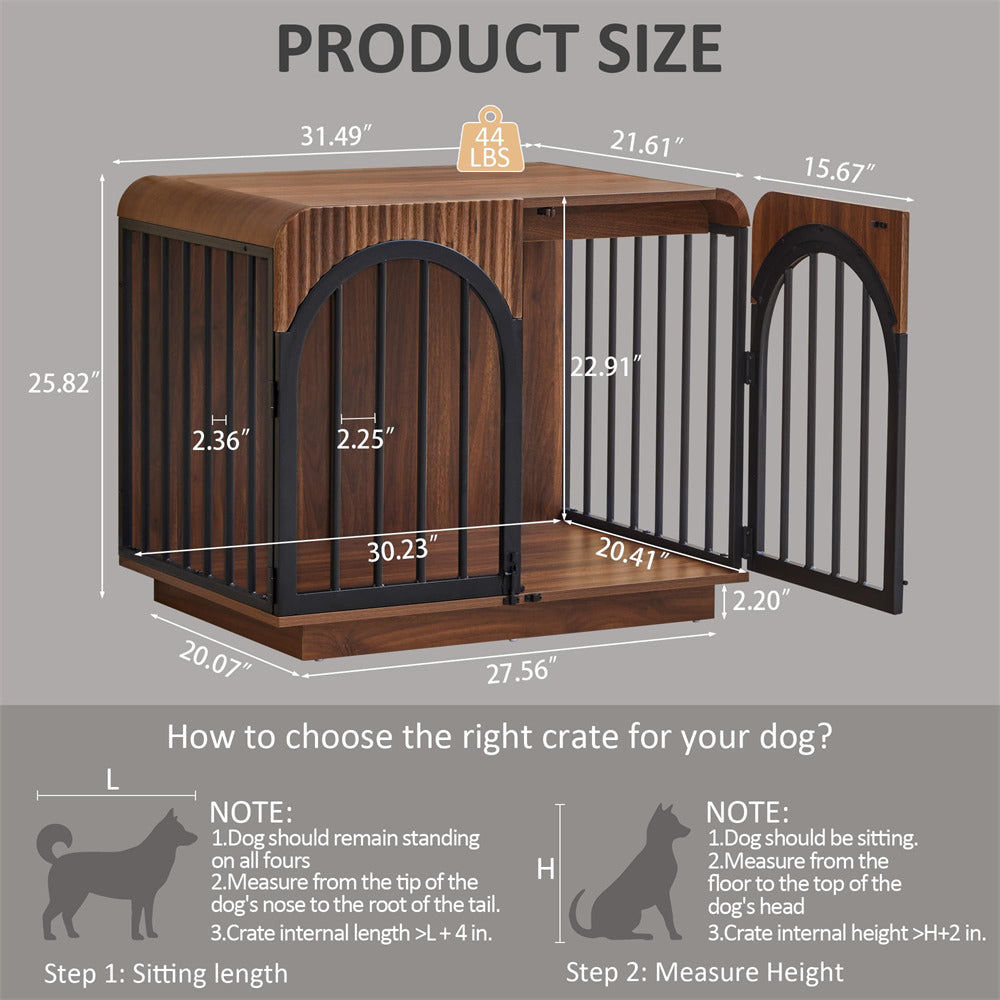Product size diagram for a wooden dog crate with a sliding door, showing dimensions in inches and weight of 44 lbs, plus a section explaining how to choose the right crate for your dog with height and sitting length measurements.