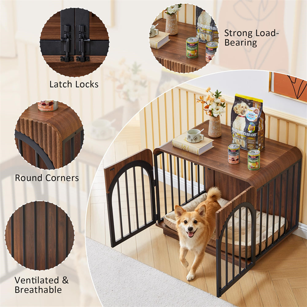 A dog crate shown in a home interior with a dog walking through the open front gate. The image includes four circular callout insets highlighting product features: latch locks, rounded corners, ventilated slats, and strong load-bearing strength.