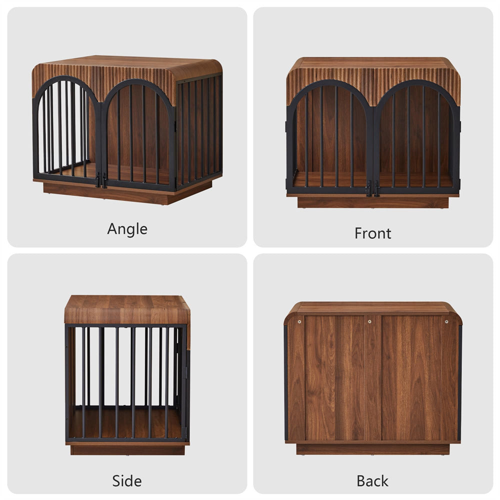 Four-panel product view of a wooden pet crate with black metal bars, labeled Angle, Front, Side, and Back on a light gray background.