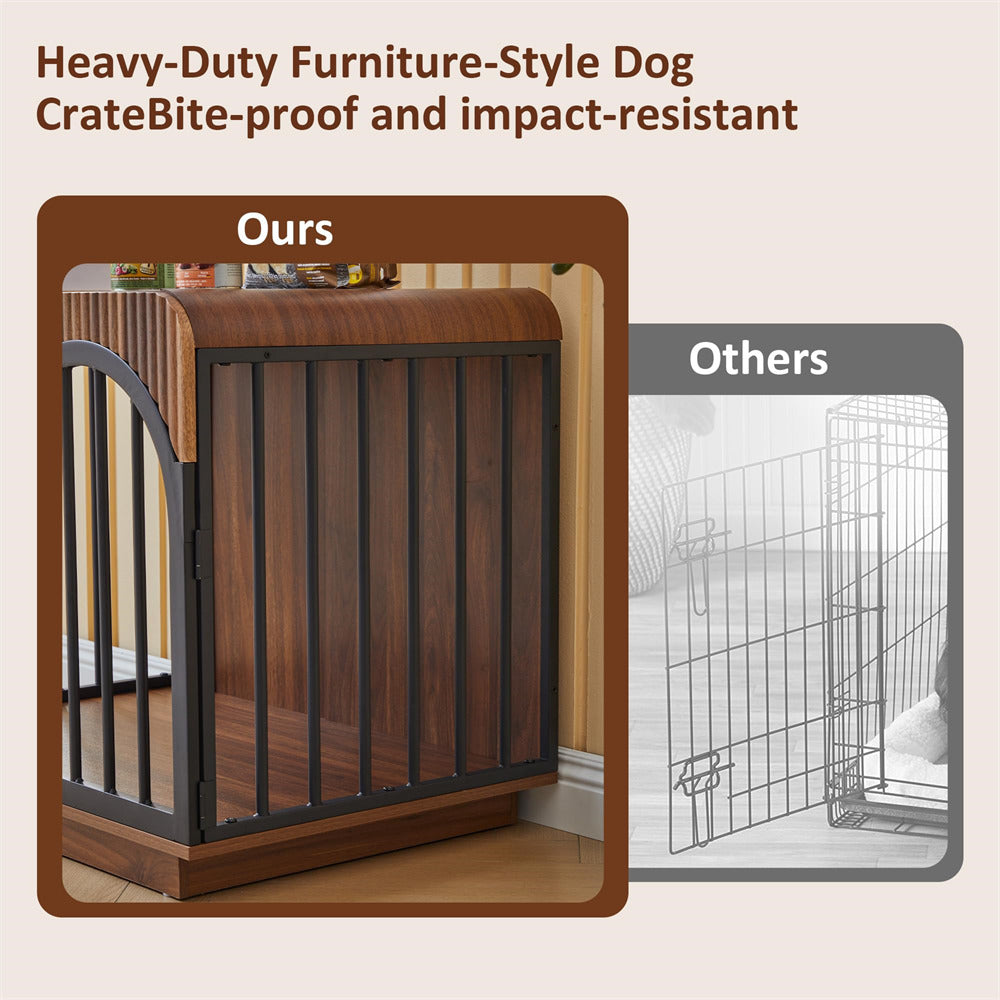 Promotional graphic for a heavy-duty furniture-style dog crate, showing a brown wood-look crate with black metal bars labeled 'Ours' and a smaller grayscale comparison labeled 'Others'. Text at the top reads 'Heavy-Duty Furniture-Style Dog Crate Bite-proof and impact-resistant'.