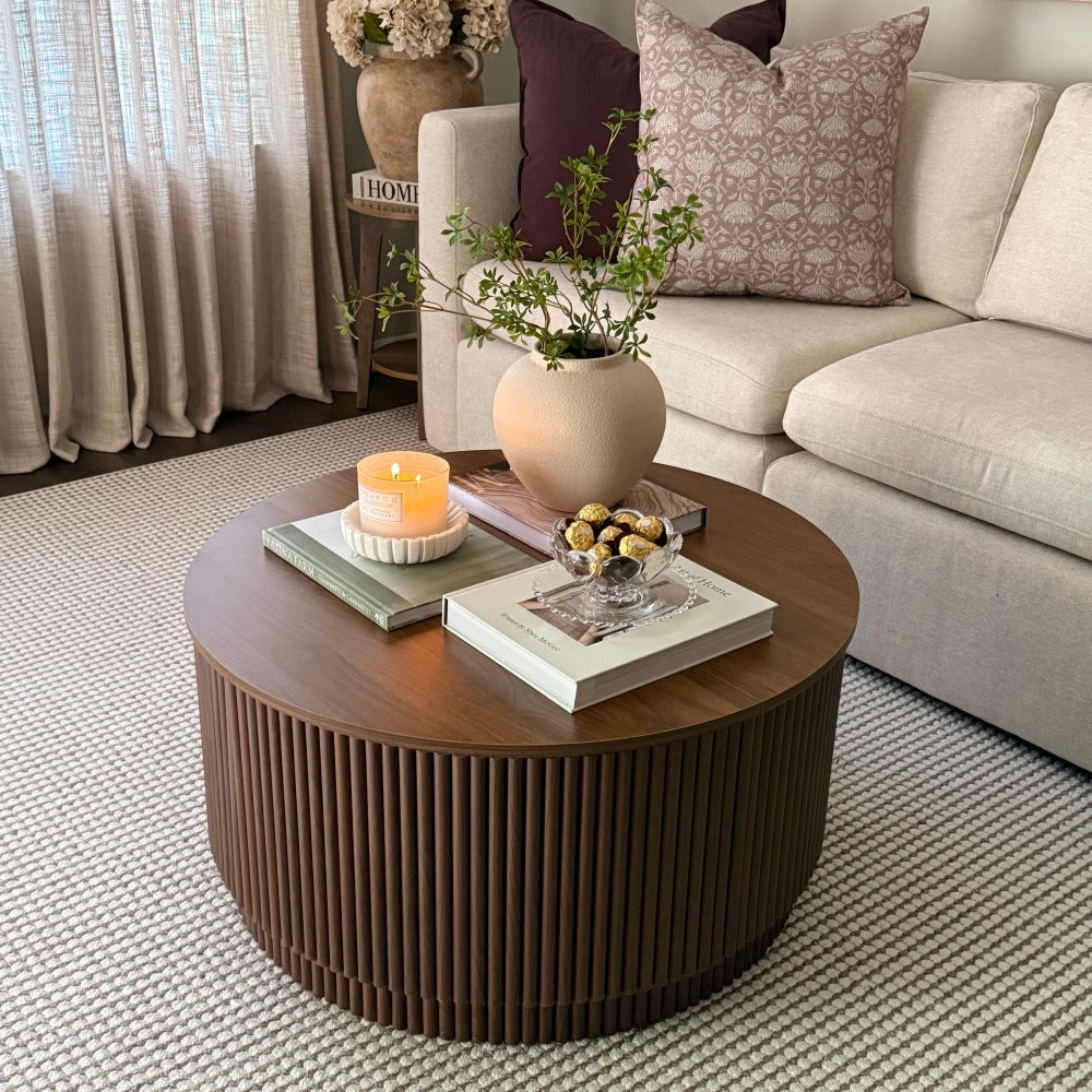 31.5" Organic Modern Fluted Round Coffee Table with Hidden Storage