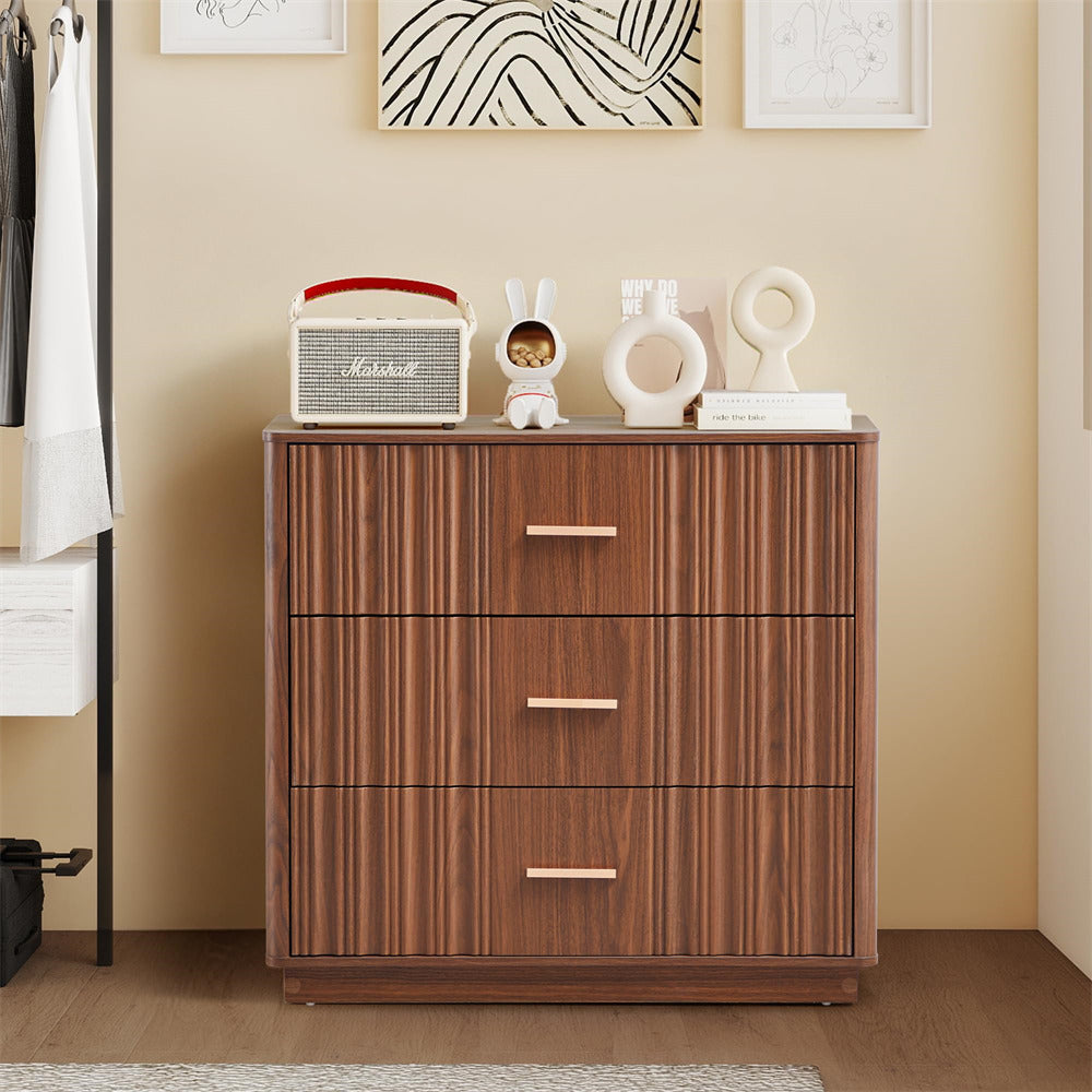 Walnut 31.5" Wide Modern Fluted Dresser Chest of Drawers with Metal Handle