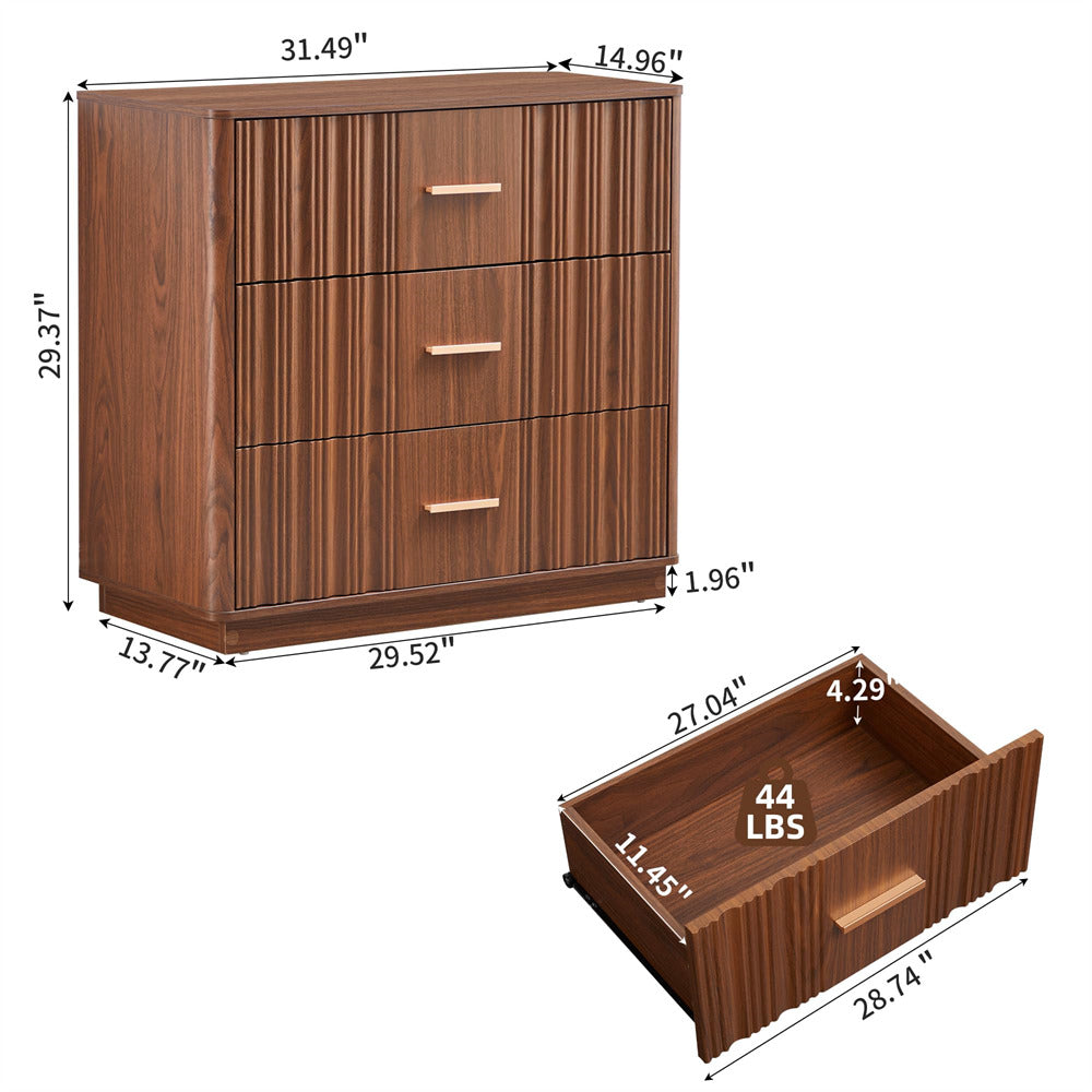 Walnut 31.5" Wide Modern Fluted Dresser Chest of Drawers with Metal Handle Size