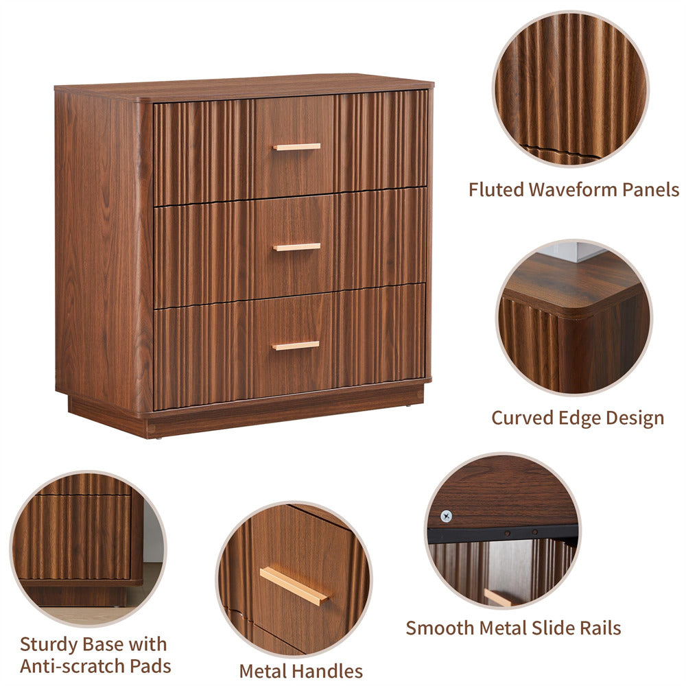 Walnut 31.5" Wide Modern Fluted Dresser Chest of Drawers with Metal Handle