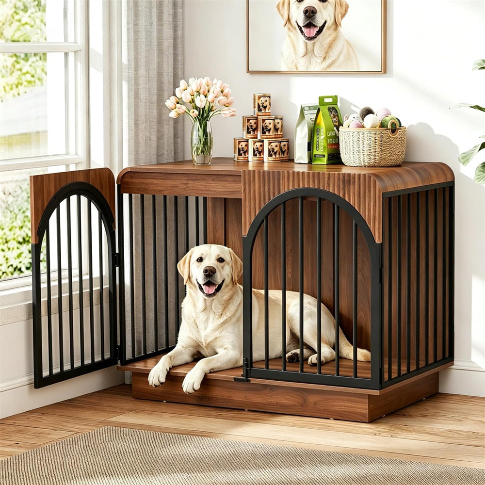 39.3" Mid-Century Modern Indoor Fluted Wooden Dog Crate Furniture for Medium/Large Dogs