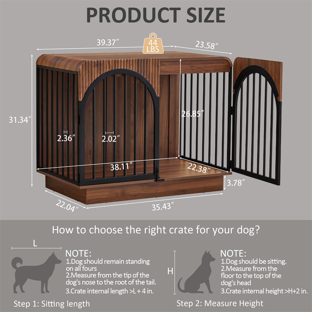 Product size diagram for a wooden dog crate with black metal bars, showing dimensions in inches and weight (44 lbs / 20 kg), plus instructions on how to choose the right crate size for a dog.