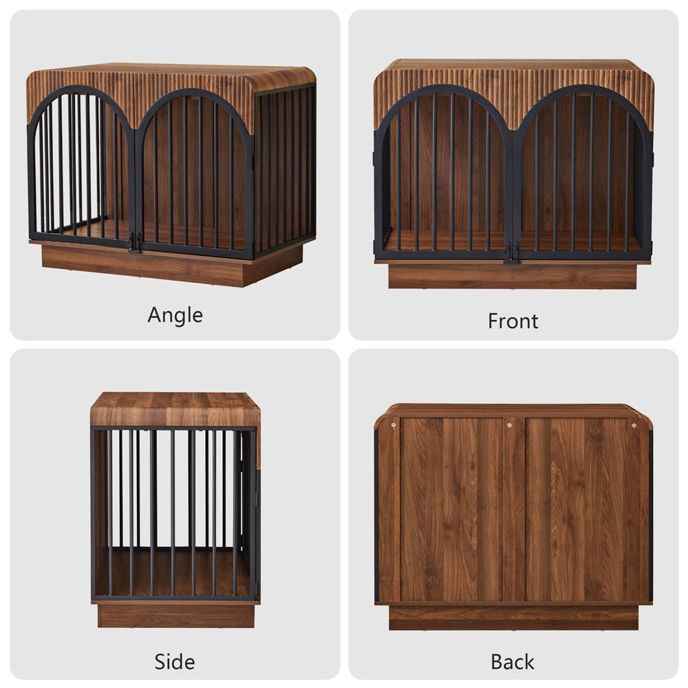 Four-panel product view of a wooden pet crate with black metal bars, labeled Angle, Front, Side, and Back on a light gray background.