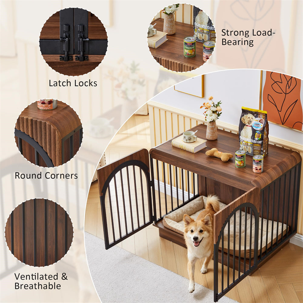 A wooden pet crate with a dog bed and open front gate, shown in a home interior with a dog standing inside. Four circular callout insets highlight features: latch locks, round corners, ventilated breathable wood, and strong load-bearing strength.