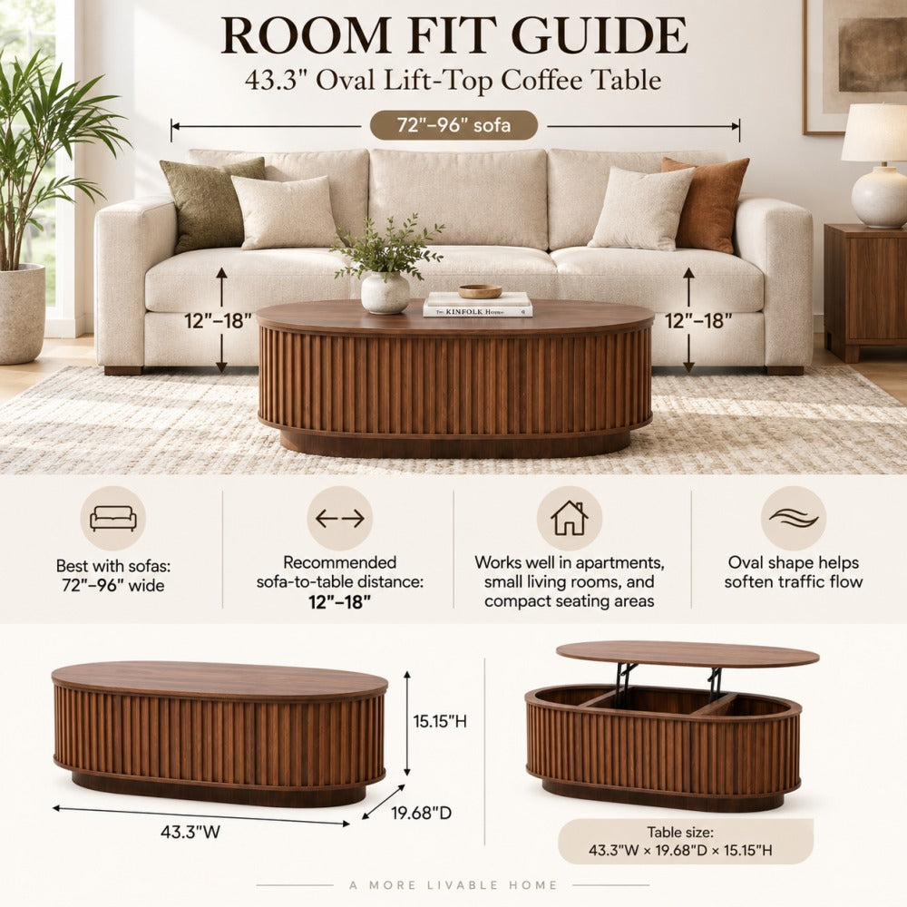 43.3" Oval Fluted Lift Top Coffee Table with Hidden Storage Room Fit