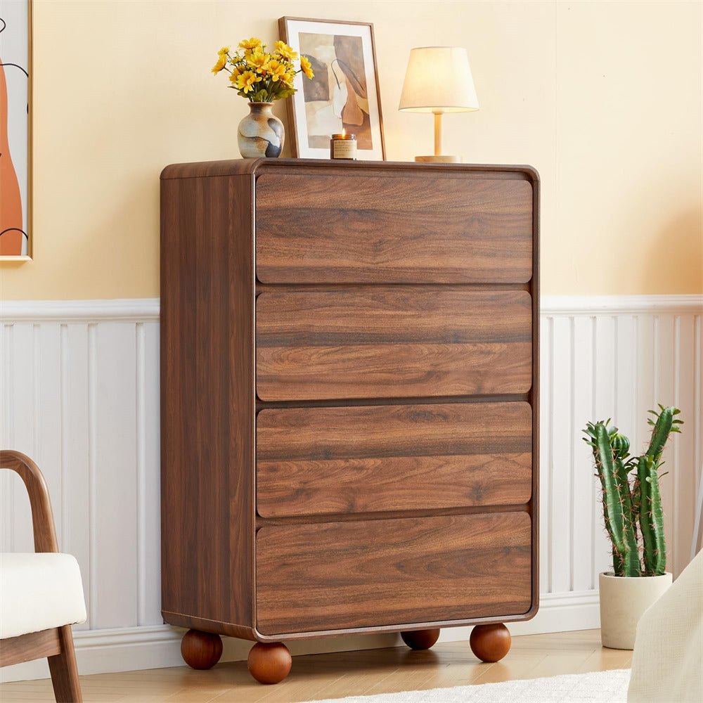 46" Tall Wooden 4 Drawer Dresser Chest of Drawers Handle Free & Curved Profile Design