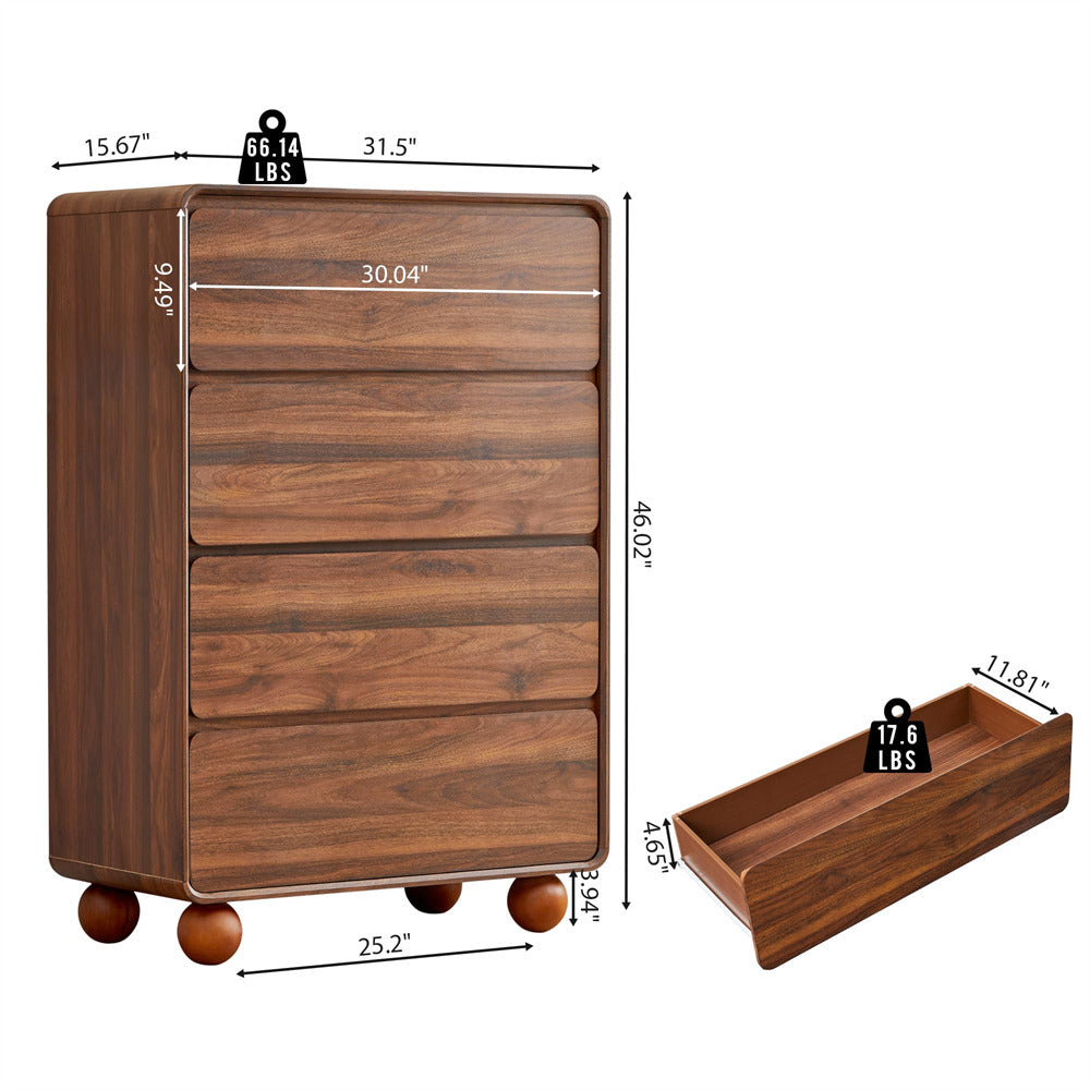 A wooden rolling storage cabinet with four drawers and a matching drawer tray shown on a white background with overlaid dimensions and weight labels.