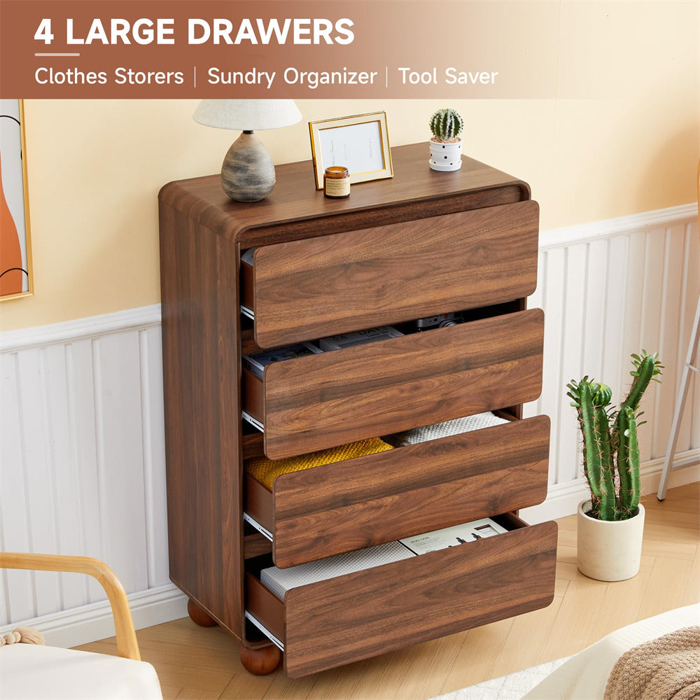 A 4-drawer wooden chest of drawers with a warm brown wood-grain finish, shown in a styled bedroom setting with one drawer open to reveal storage space. The image includes text overlays at the top reading '4 LARGE DRAWERS' and 'Clothes Storers | Sundry Organizer | Tool Saver'.