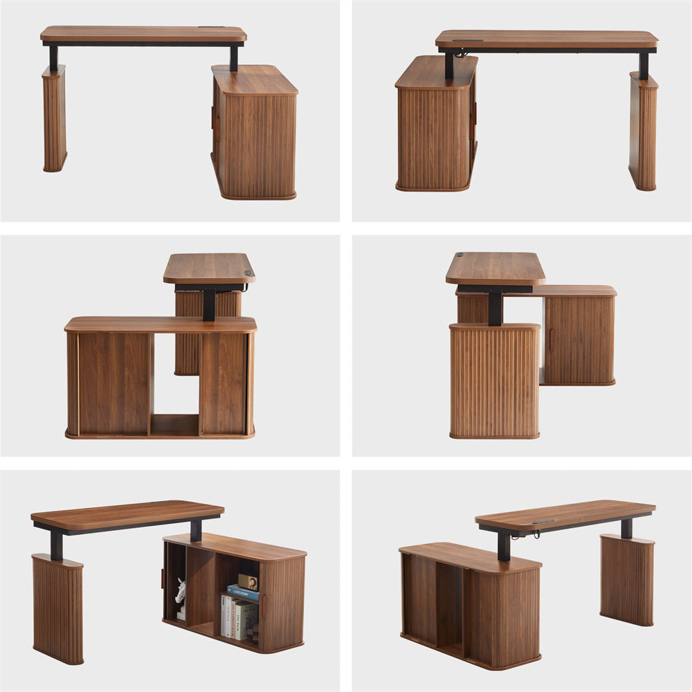 Six product views of a wooden desk with a slanted desktop, pedestal base, and open storage shelf, shown on a light gray background.