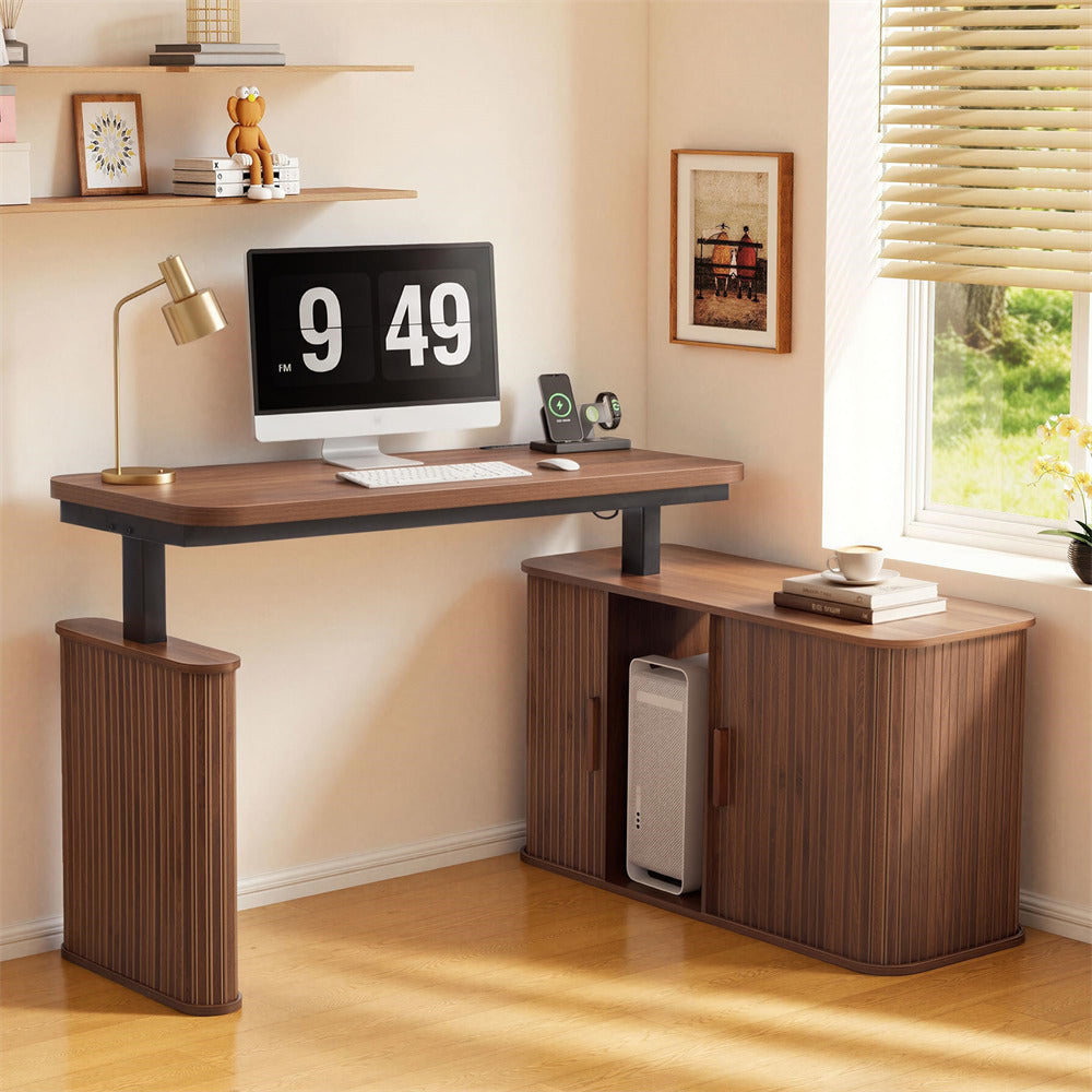47" L Shaped Electric Standing Desk Height Adjustable with Sliding Door and Drawers