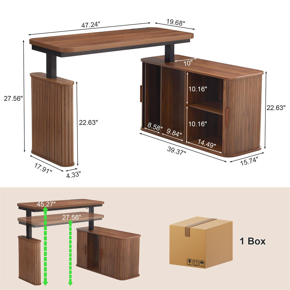 L-shaped desk with a wood-grain finish and black metal legs, shown with multiple dimension callouts and a box icon indicating packaging.