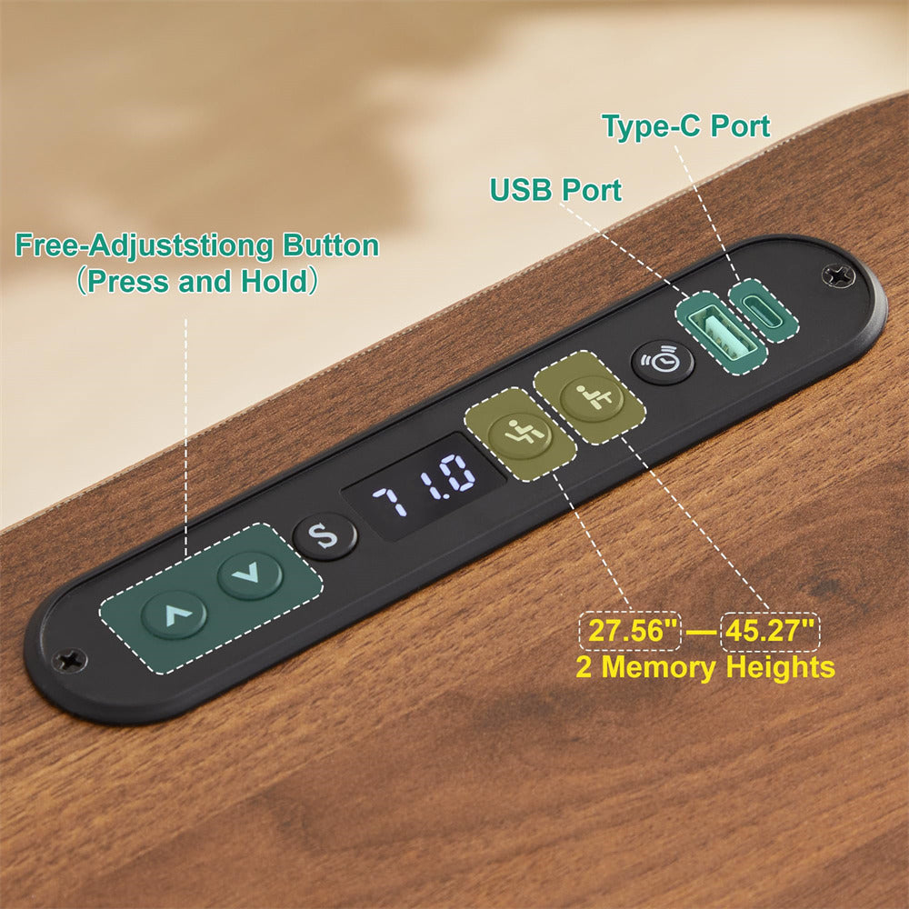 A close-up of a black digital control panel mounted on a wooden surface, with overlaid callouts pointing to a free-adjustment button, USB port, Type-C port, and memory height settings.