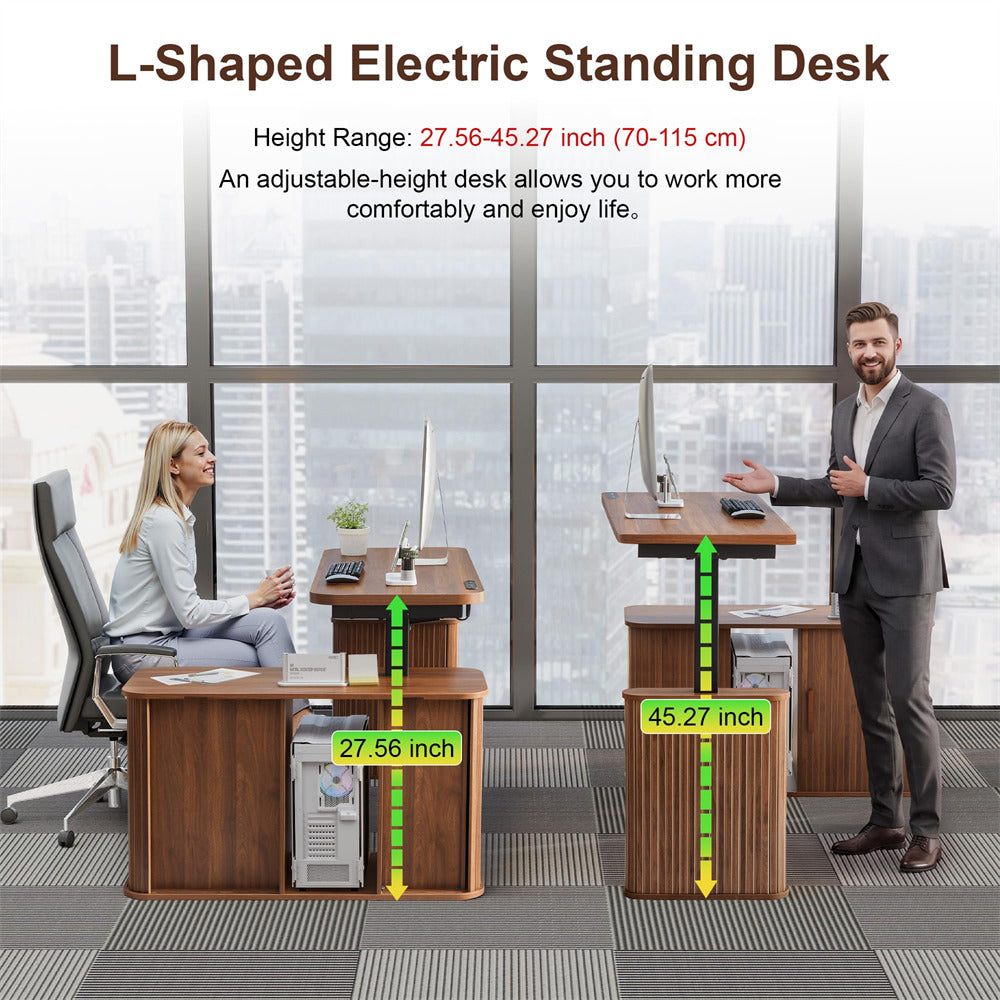 An adjustable L-shaped standing desk shown in a modern office setting with two people demonstrating its use. One person sits at the desk, which is set to 27.
