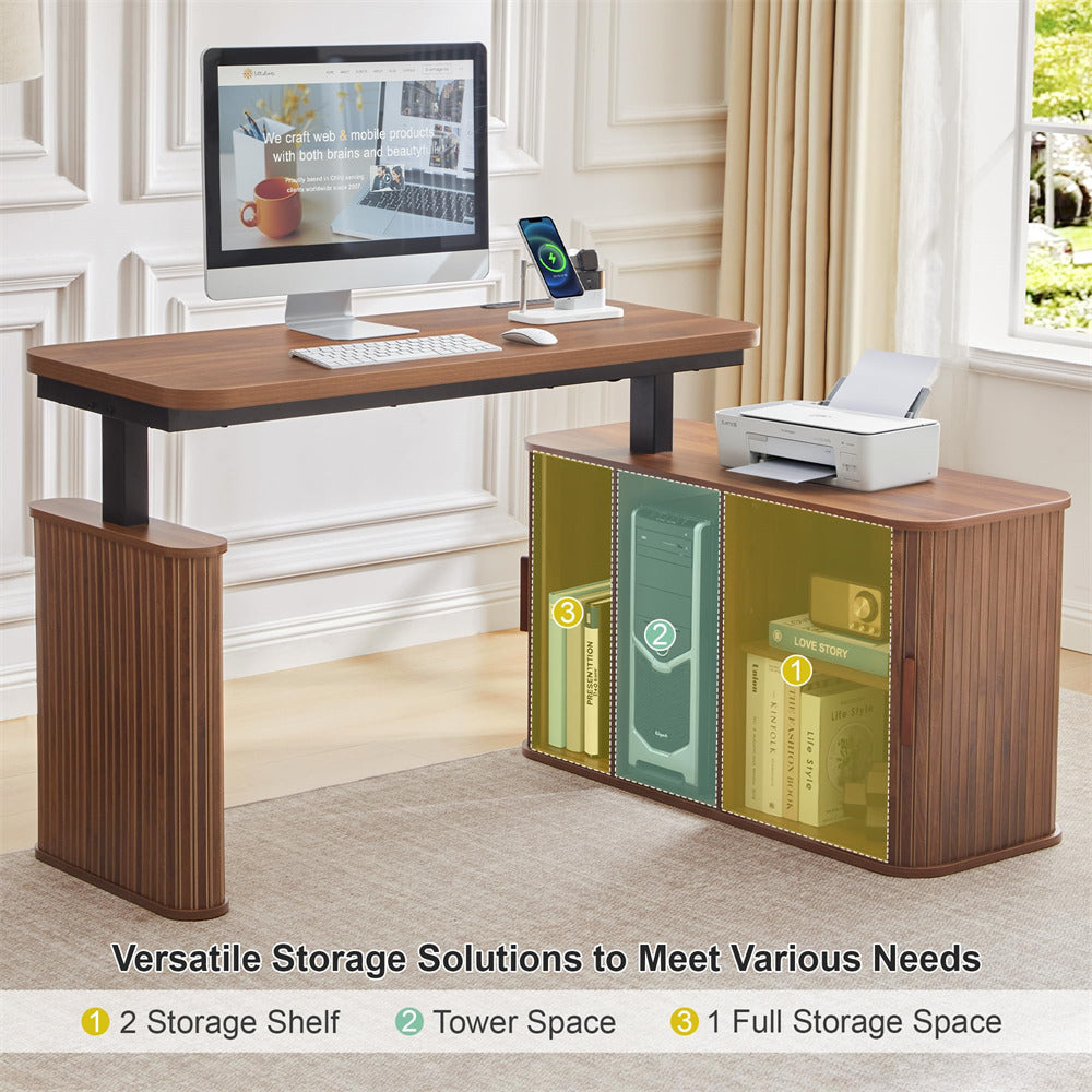 A wooden computer desk with integrated storage shelves in a home office setting. The desk has a brown wood-grain finish, black legs, and three open lower storage compartments shown with books and a printer.