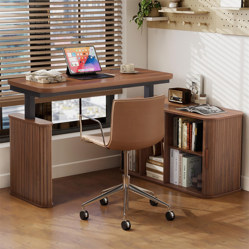 A modern wooden desk setup in a bright home office, featuring a brown wood-grain desk with a matching storage side cabinet, a brown leather swivel chair, and a laptop on the desk.