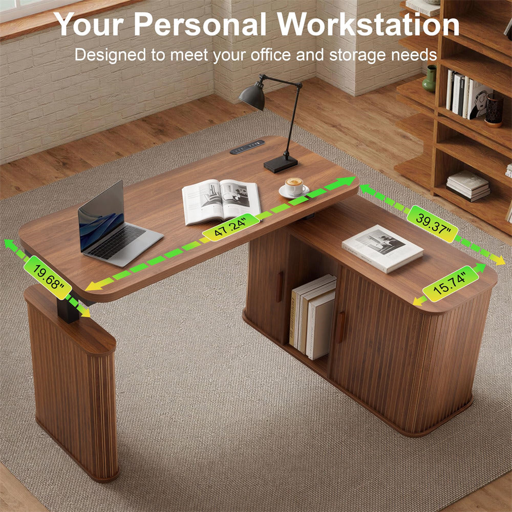 L-shaped wooden desk with storage cabinet and dimension overlays showing measurements in an office room setting.