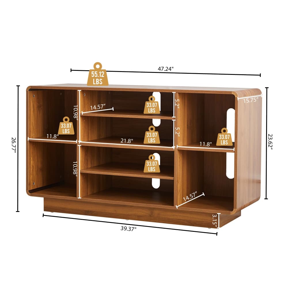 Wooden shelf with dimensions and weight indicators on a white background