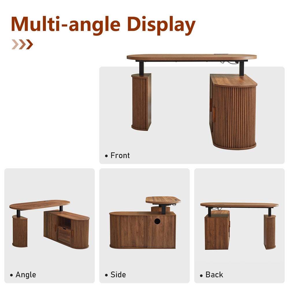 A multi-angle product display of a wooden desk with three views: front, angle, side, and back. The desk has a medium brown wood grain finish with fluted cabinet panels and black metal support legs, set against a clean white background with brown text headers.