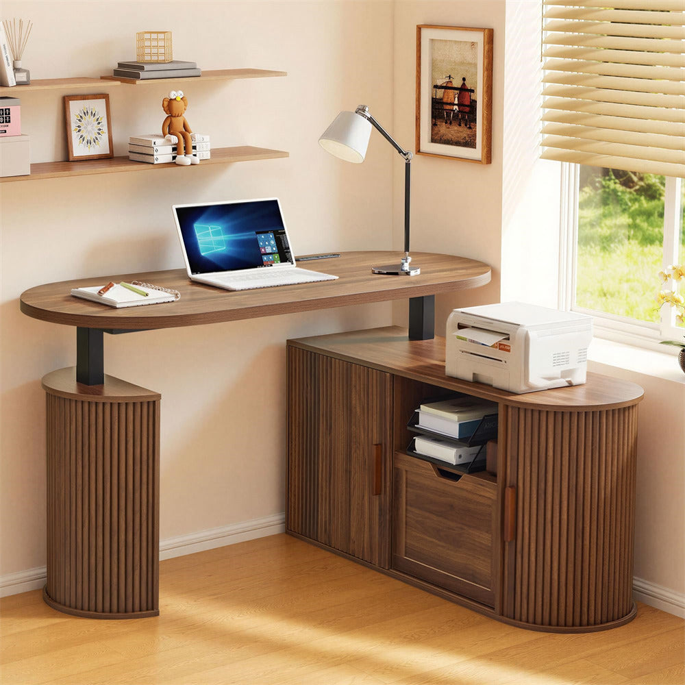 55" L Shaped Oval Electric Fluted Wood Standing Desk with Storage and File Drawer