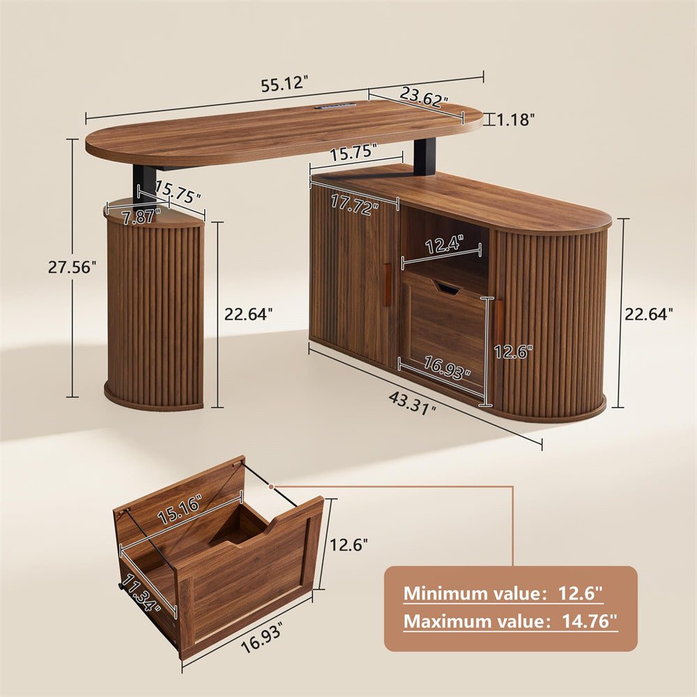 55" L Shaped Oval Electric Fluted Wood Standing Desk with Storage and File Drawer