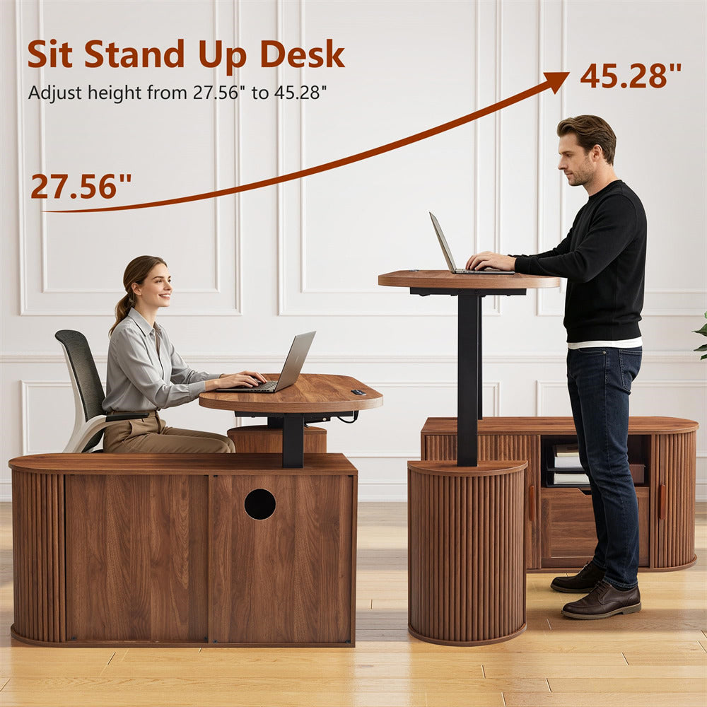 A standing desk shown in a home office setting with a man standing at the desk using a laptop and a woman seated at a lower desk. The image includes text showing height adjustability from 27.