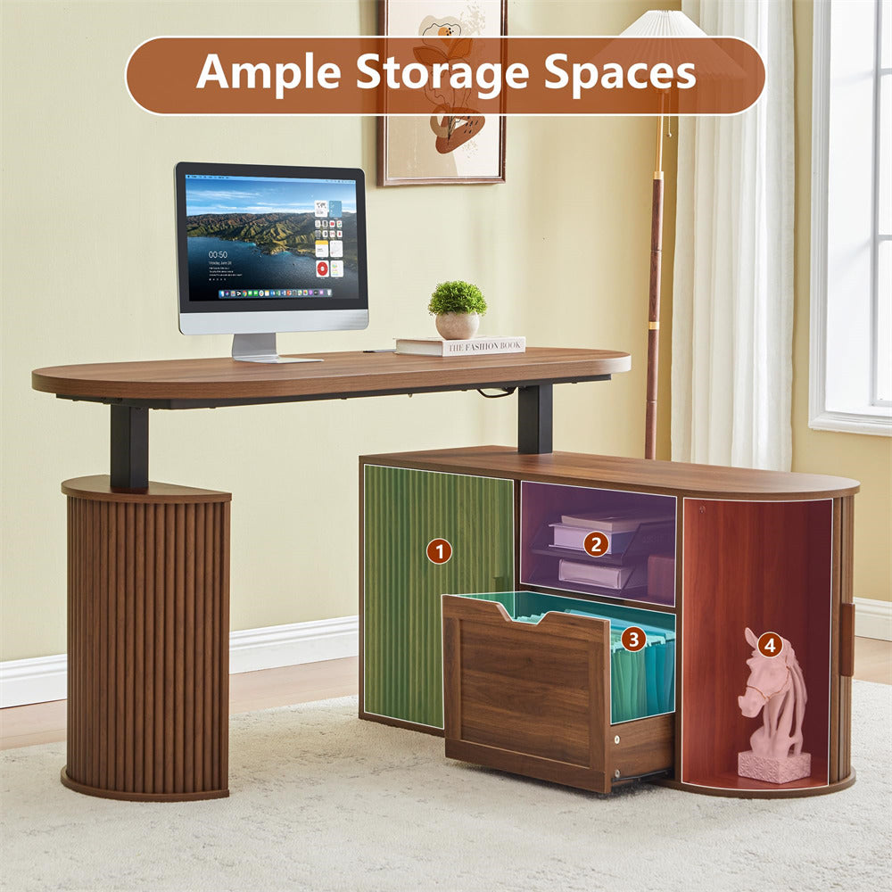 55" L Shaped Oval Electric Fluted Wood Standing Desk with Storage and File Drawer