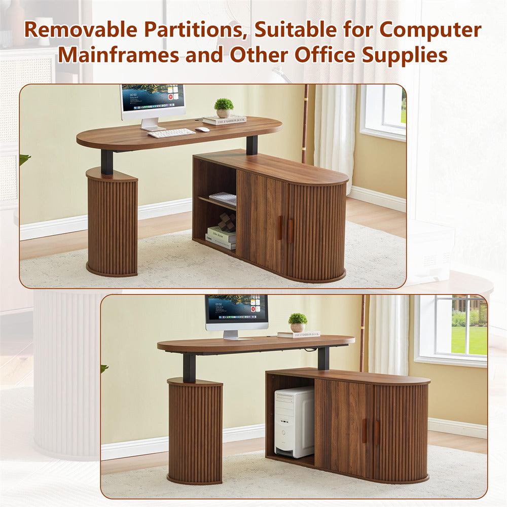 An office desk shown in two inset room scenes with the headline 'Removable Partitions, Suitable for Computer Mainframes and Other Office Supplies.' The desk has a curved wood-look top, fluted cylindrical legs, open shelving, and a cabinet door on the right.