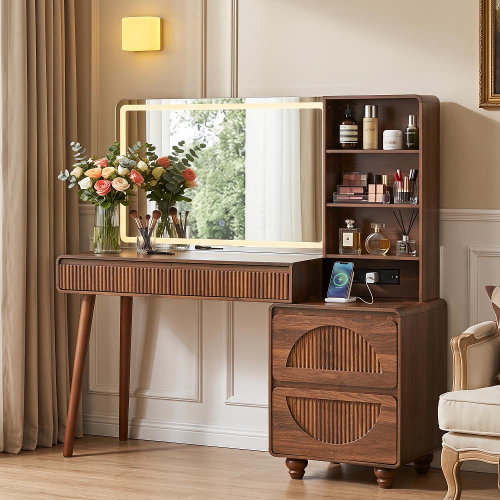 55" Large Wood Fluted Makeup Vanity Desk Dressing Table with  Charging Station and 3 Light Modes