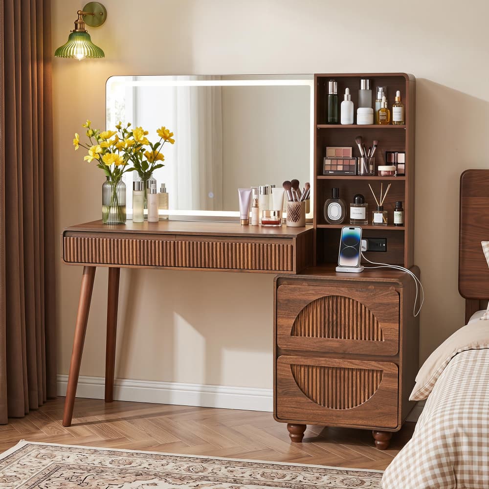55" Large Wood Fluted Makeup Vanity Desk Dressing Table with  Charging Station and 3 Light Modes