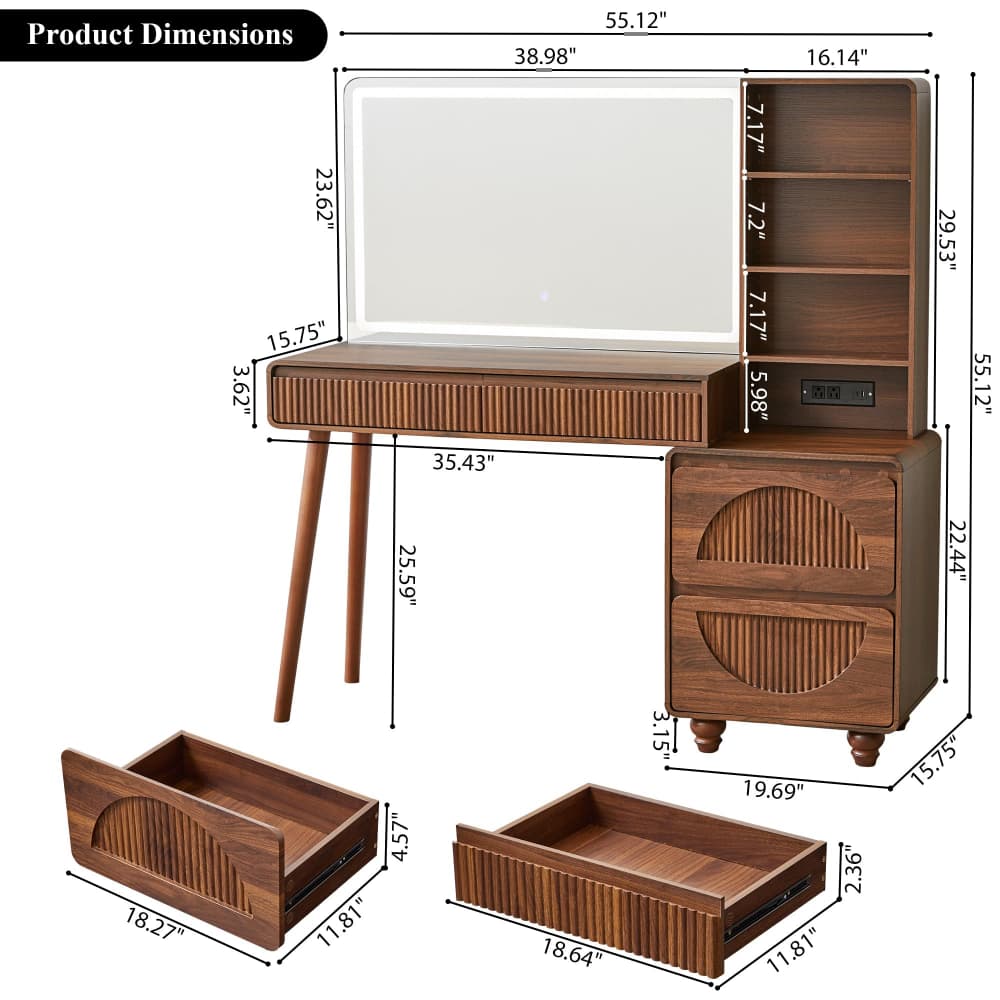 55" Large Wood Fluted Makeup Vanity Desk Dressing Table with  Charging Station and 3 Light Modes