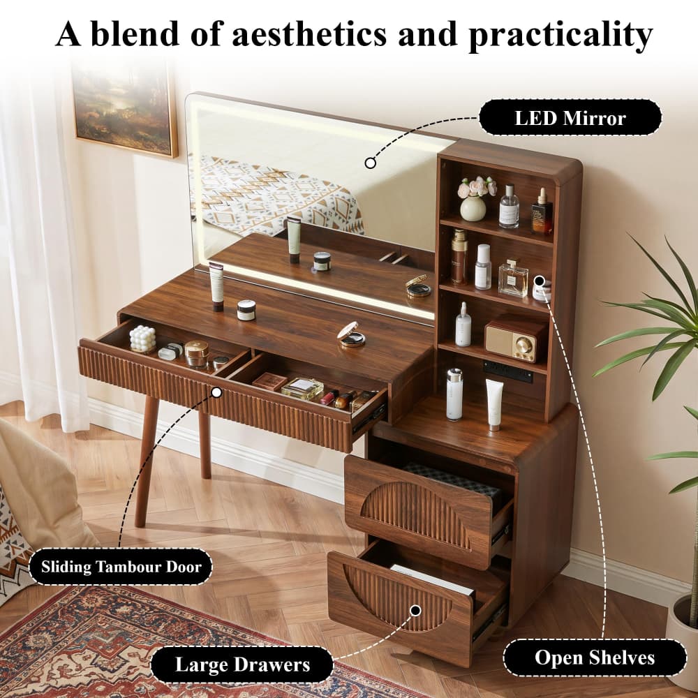 55" Large Wood Fluted Makeup Vanity Desk Dressing Table with  Charging Station and 3 Light Modes