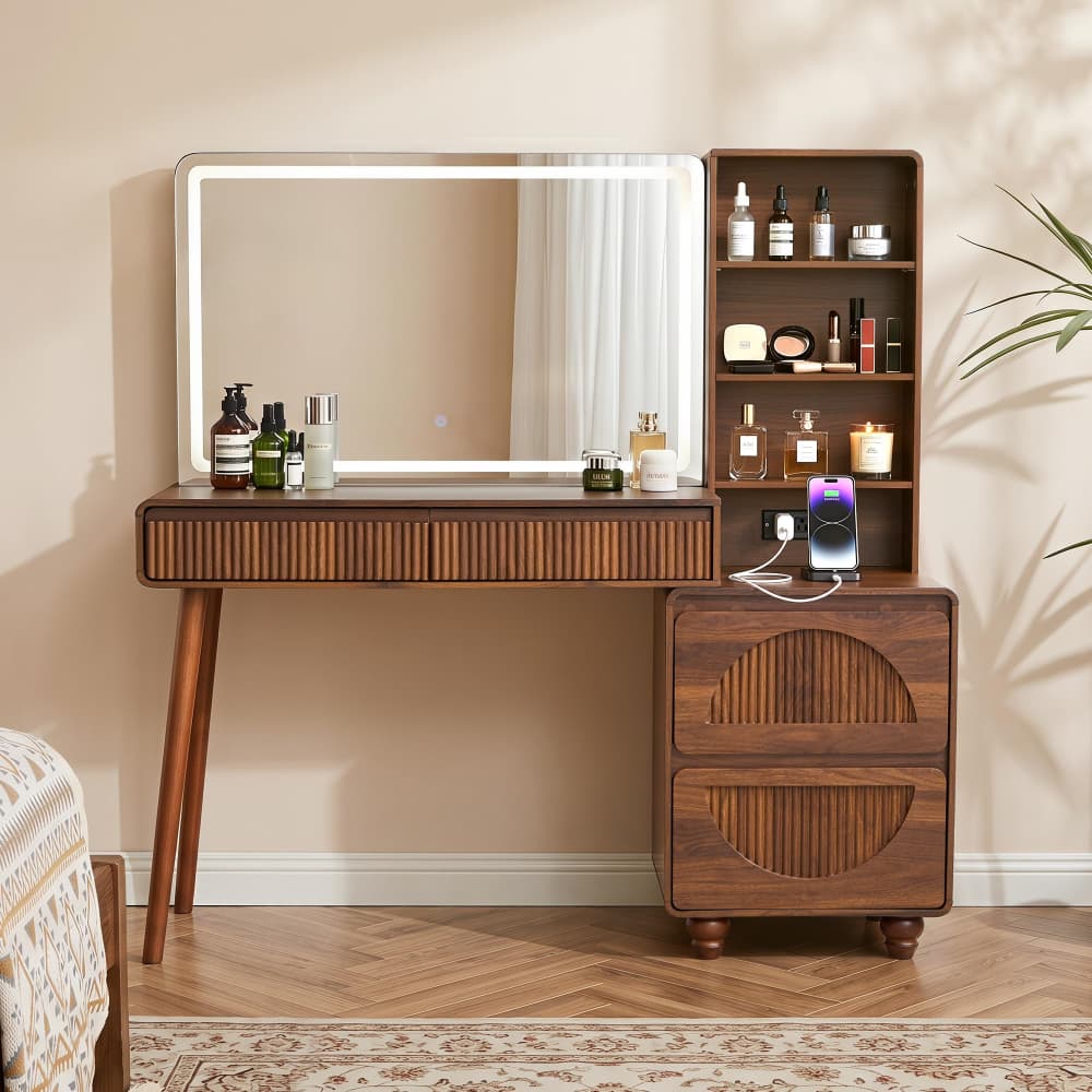 55" Large Wood Fluted Makeup Vanity Desk Dressing Table with  Charging Station and 3 Light Modes