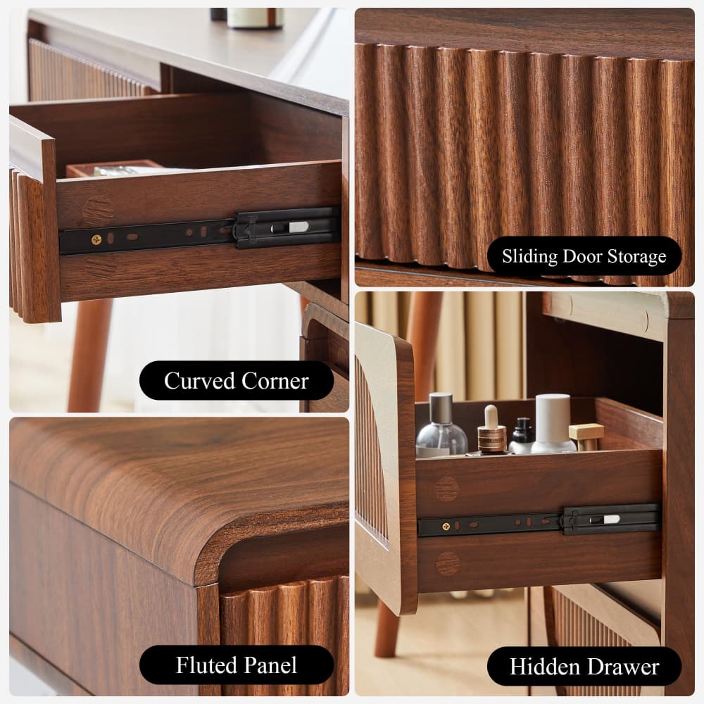 55" Large Wood Fluted Makeup Vanity Desk Dressing Table with  Charging Station and 3 Light Modes