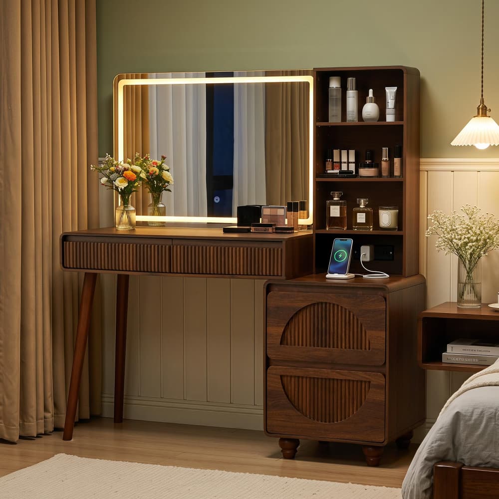 55" Large Wood Fluted Makeup Vanity Desk Dressing Table with  Charging Station and 3 Light Modes
