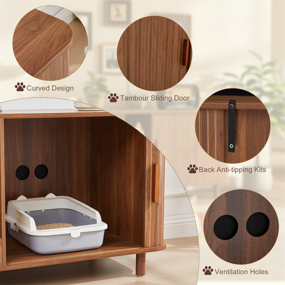 Wooden pet litter box with features highlighted on a blurred background