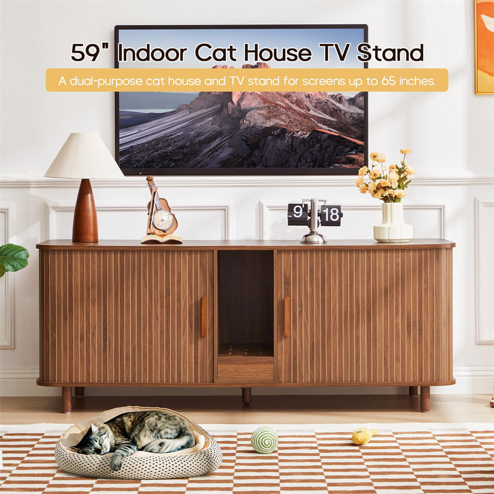 Wooden TV stand with a cat house underneath, displaying a mountain landscape on a screen.