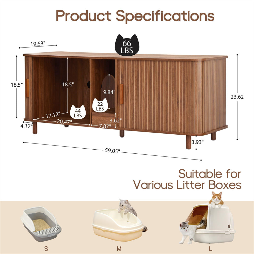 59" Double Fluted Large Hidden Cat Litter Box Enclosure with Litter Collector