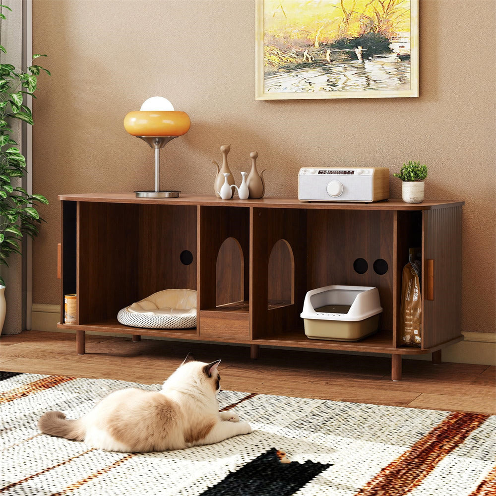 59" Double Fluted Large Hidden Cat Litter Box Enclosure with Litter Collector