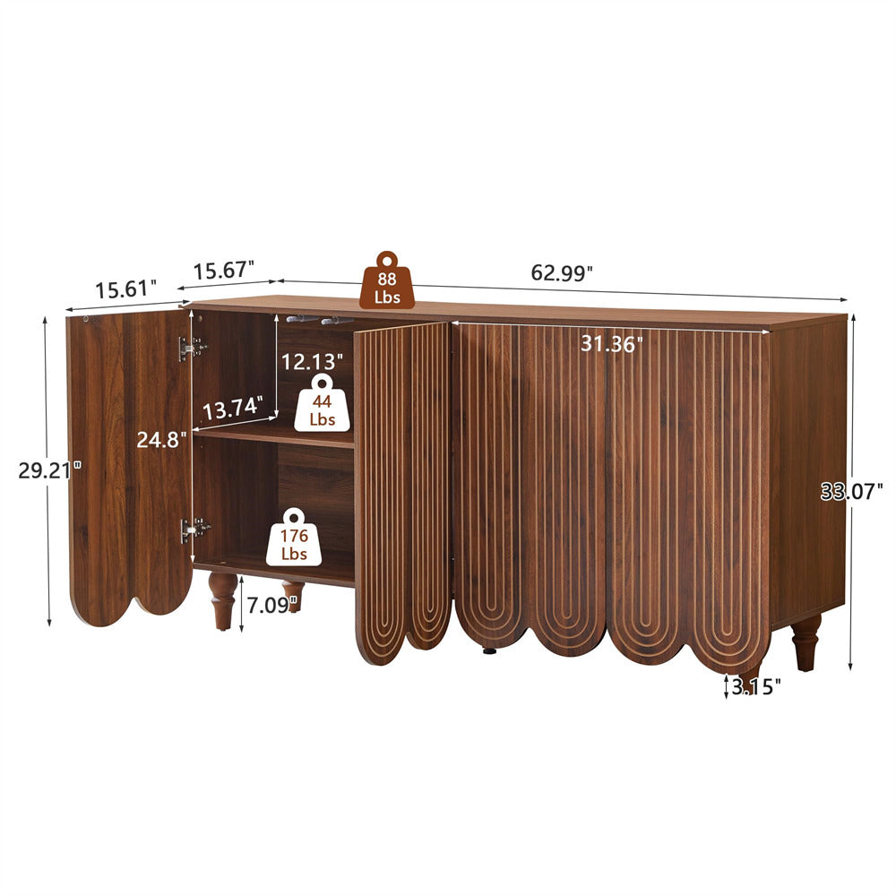 A brown wooden sideboard cabinet with scalloped front panels, shown with open doors and overlaid dimension lines and weight labels on a white background.