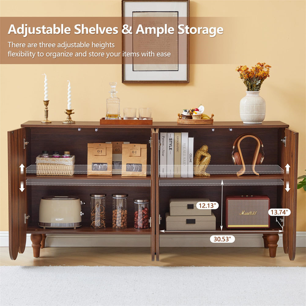A wooden sideboard cabinet with open doors and adjustable shelves, shown in a styled room scene with decor items and overlaid dimension labels. Text at the top reads 'Adjustable Shelves & Ample Storage' and describes storage flexibility.