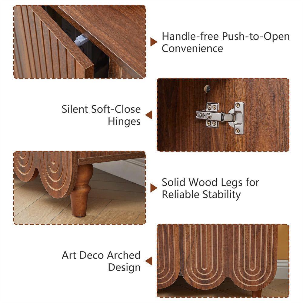 A product feature infographic showing a brown wood cabinet with four close-up detail shots and text callouts: handle-free push-to-open convenience, silent soft-close hinges, solid wood legs for stability, and art deco arched design.